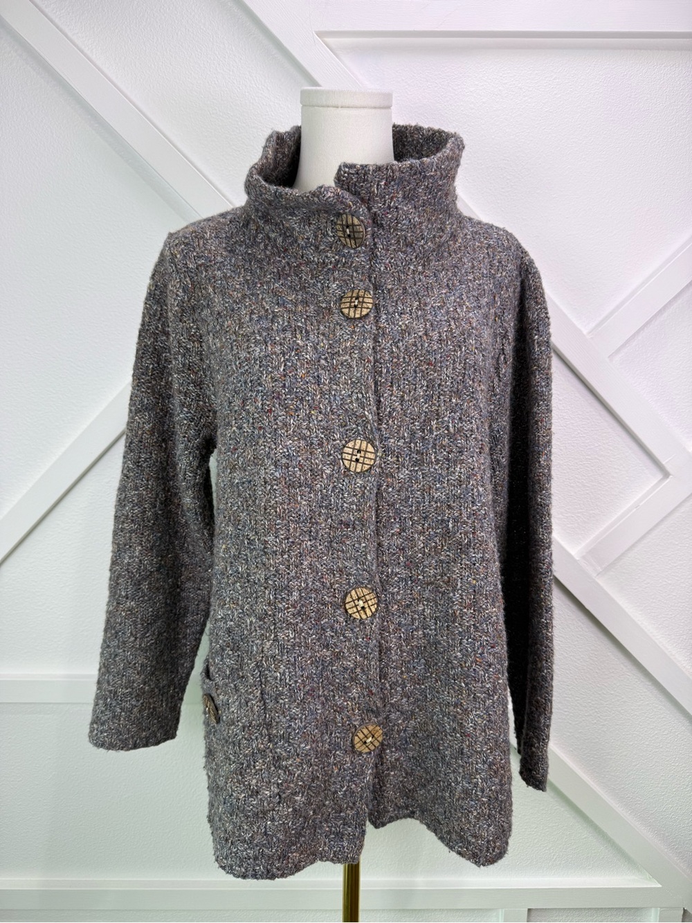 Habitat Marled Knit Cardigan Jacket Gray Button Front Funnel Neck Cozy Size Med